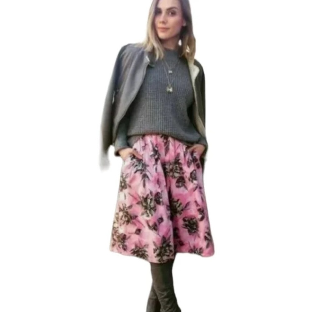 Anthropologie Odille Pink Gray Rose Pleated Floral Skirt Size 2